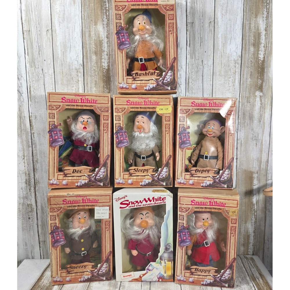 Vintage Disney Snow White Seven Dwarfs Doll Set Bikin Express Complete 7 Figures